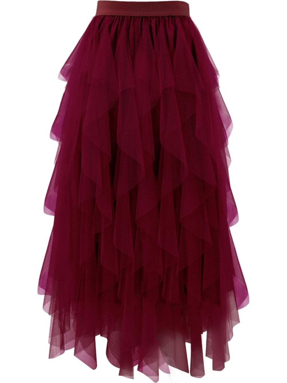 Women's Burgundy High Waist Layered Tulle Mesh Ruffle Asymmetric Midi Tutu Skirt